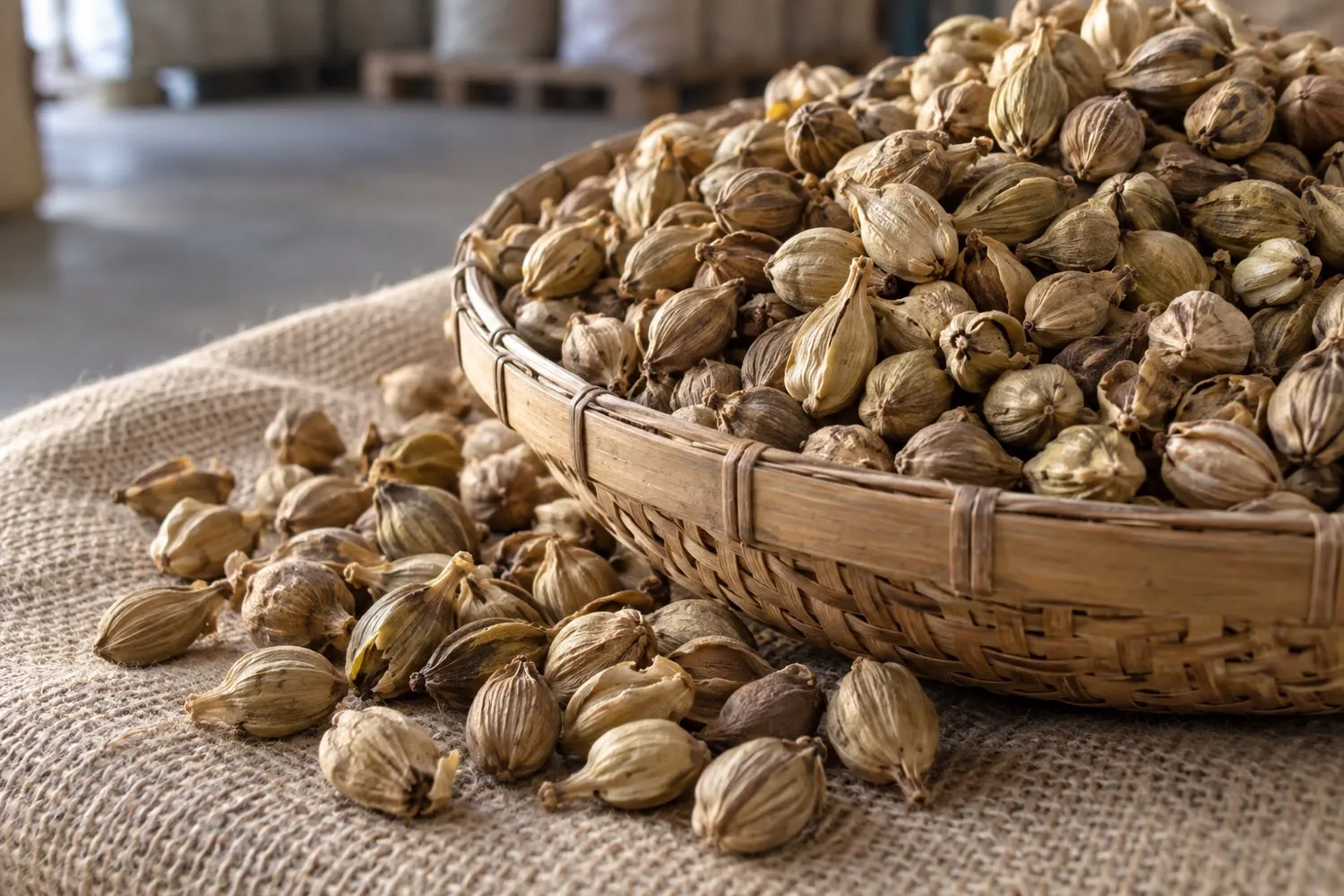 Dried cardamom pods in a woven basket on a jute sack