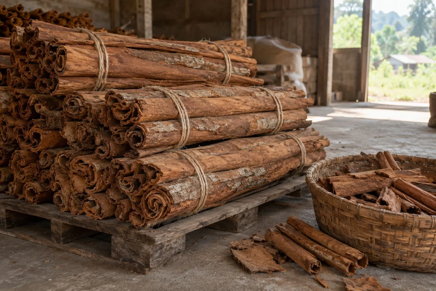 Bundles of long rolled cassia bark tied with twine on a wooden pallet in a warehouse, with a basket of cut sticks and broken bark on the floor