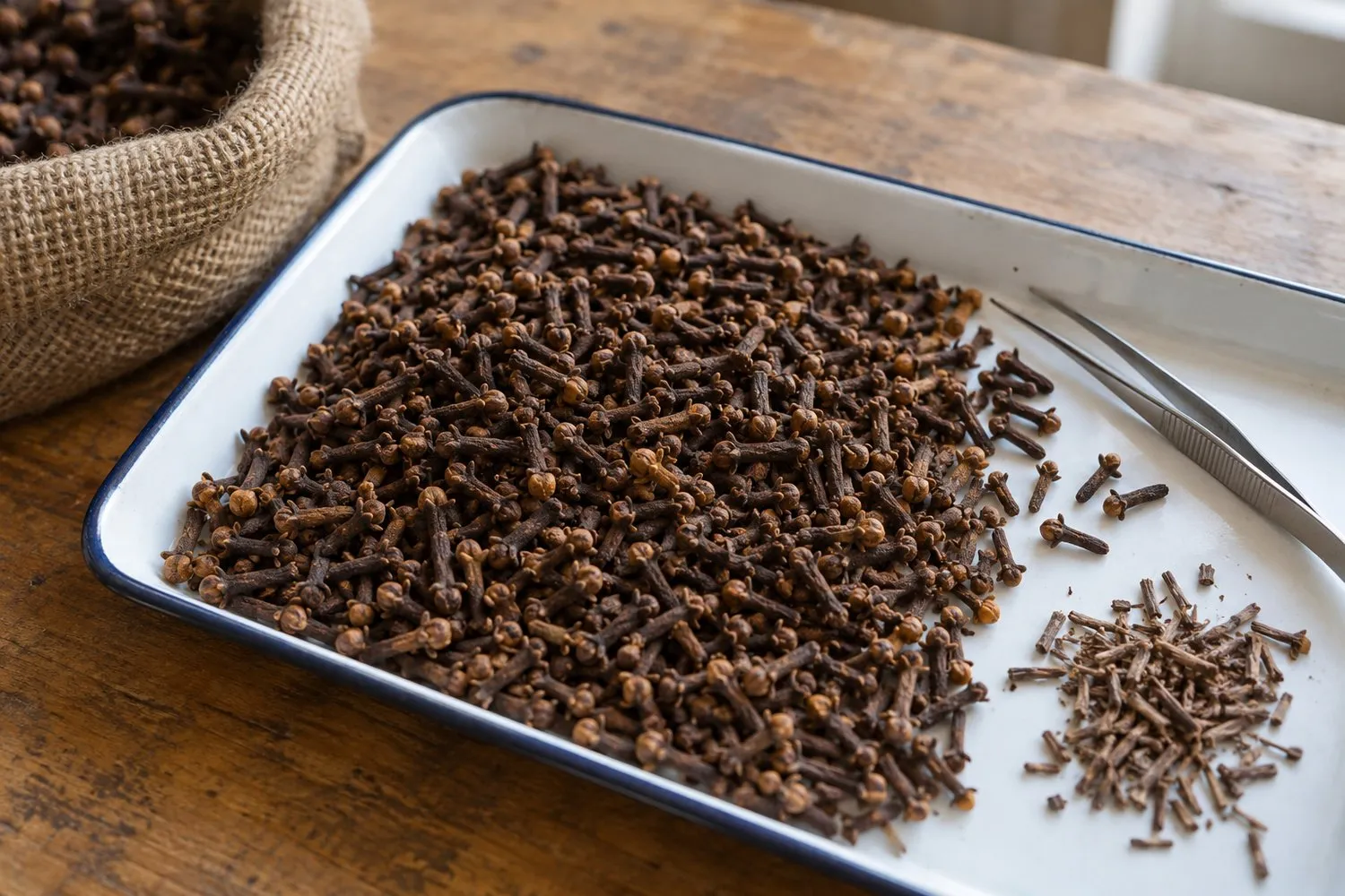 Whole dried cloves spread on a white inspection tray, with loose stems set aside and tweezers resting on the tray