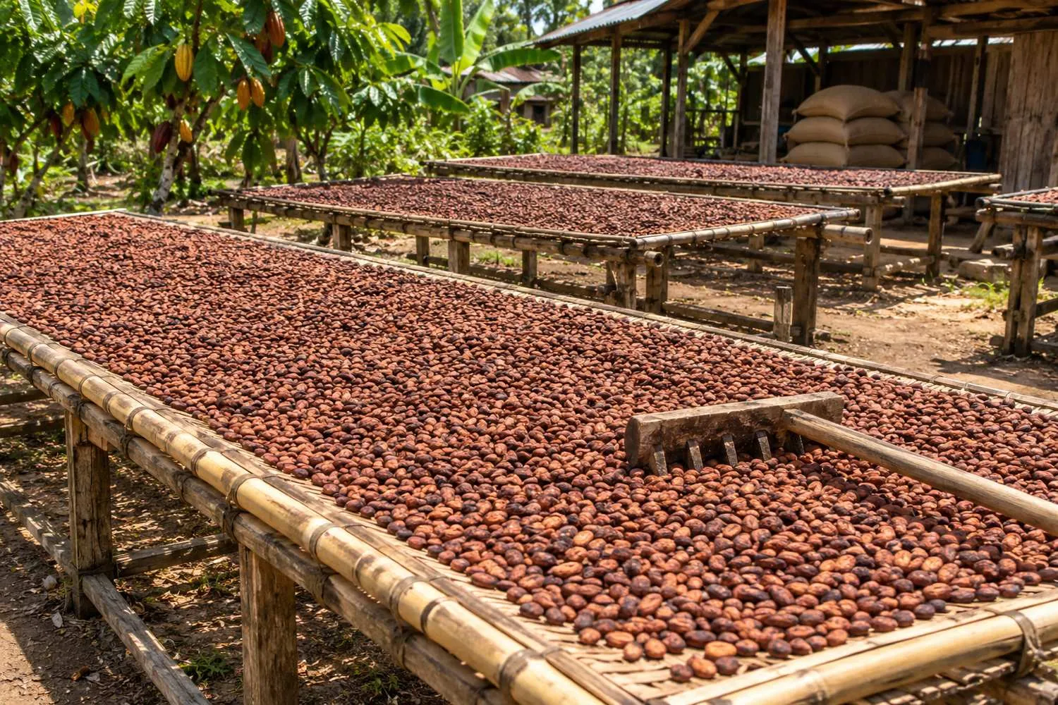 Reddish-brown cocoa beans spread out to dry on raised bamboo racks in a village yard, with jute sacks stacked under a timber shed behind