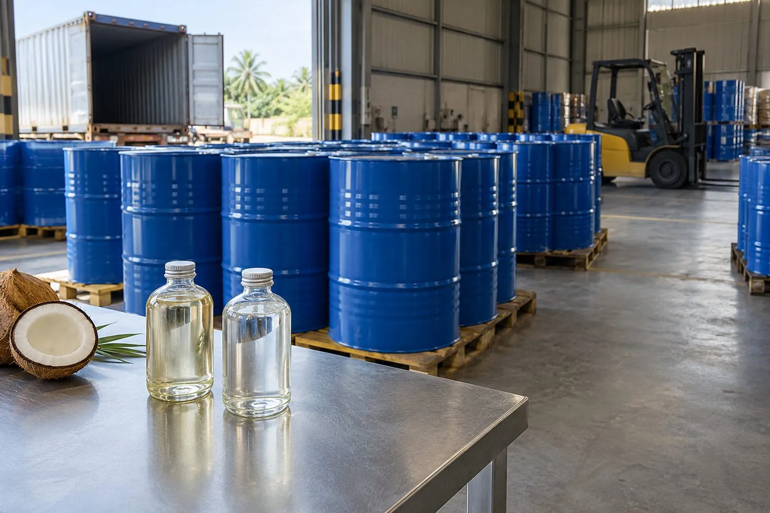 Blue steel drums on wooden pallets in a warehouse loading bay, with two glass bottles of coconut oil and a halved coconut on a steel table in front