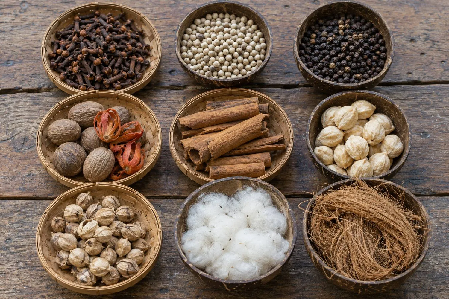High-angle view of woven bamboo trays and coconut-shell bowls on a teak table, holding cloves, white and black pepper, nutmeg with mace, cassia bark, candlenuts, cardamom pods, kapok and coir fibre