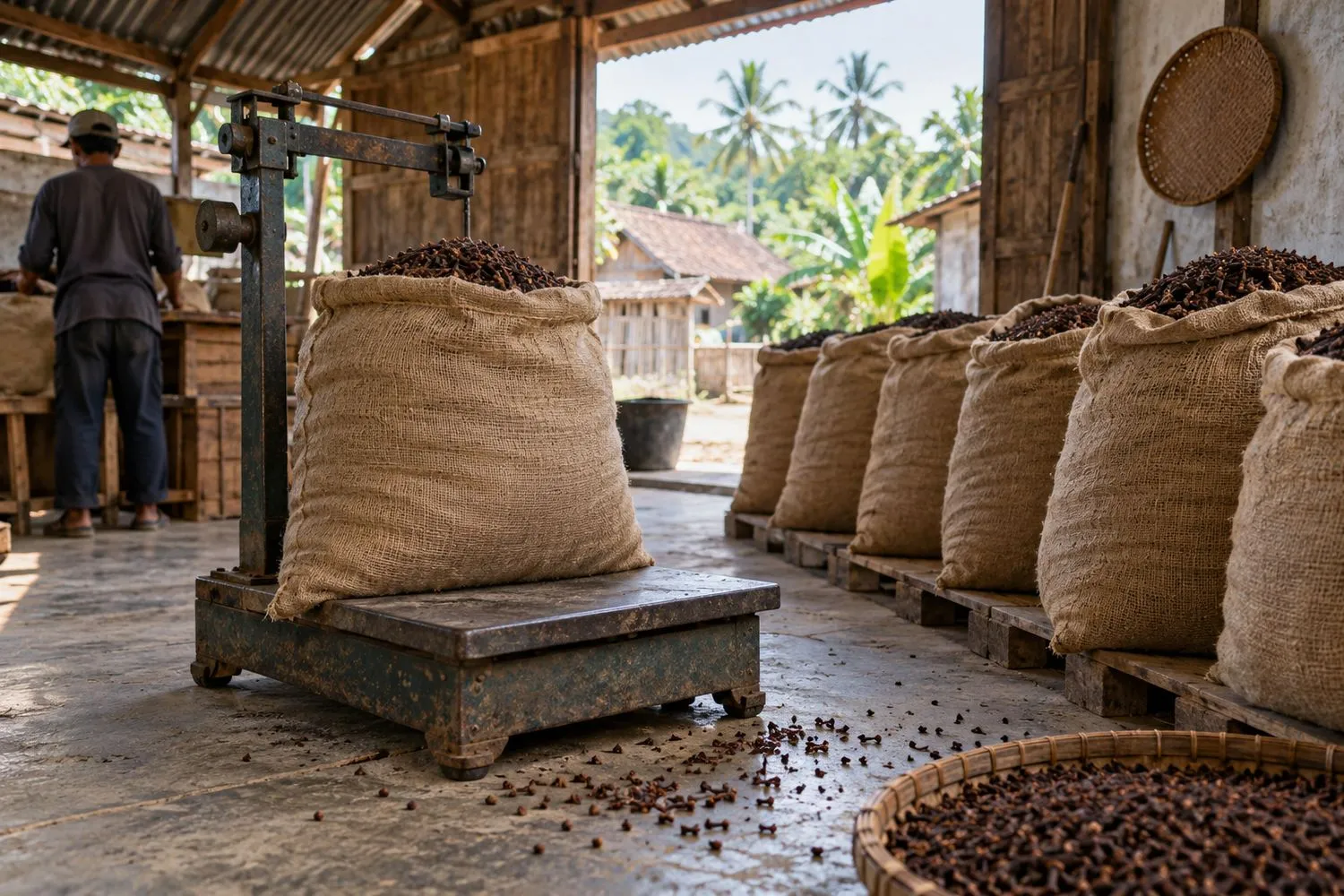 Karung goni berisi cengkeh kering di atas timbangan lantai, berjajar dengan karung lain di atas palet kayu dalam gudang desa
