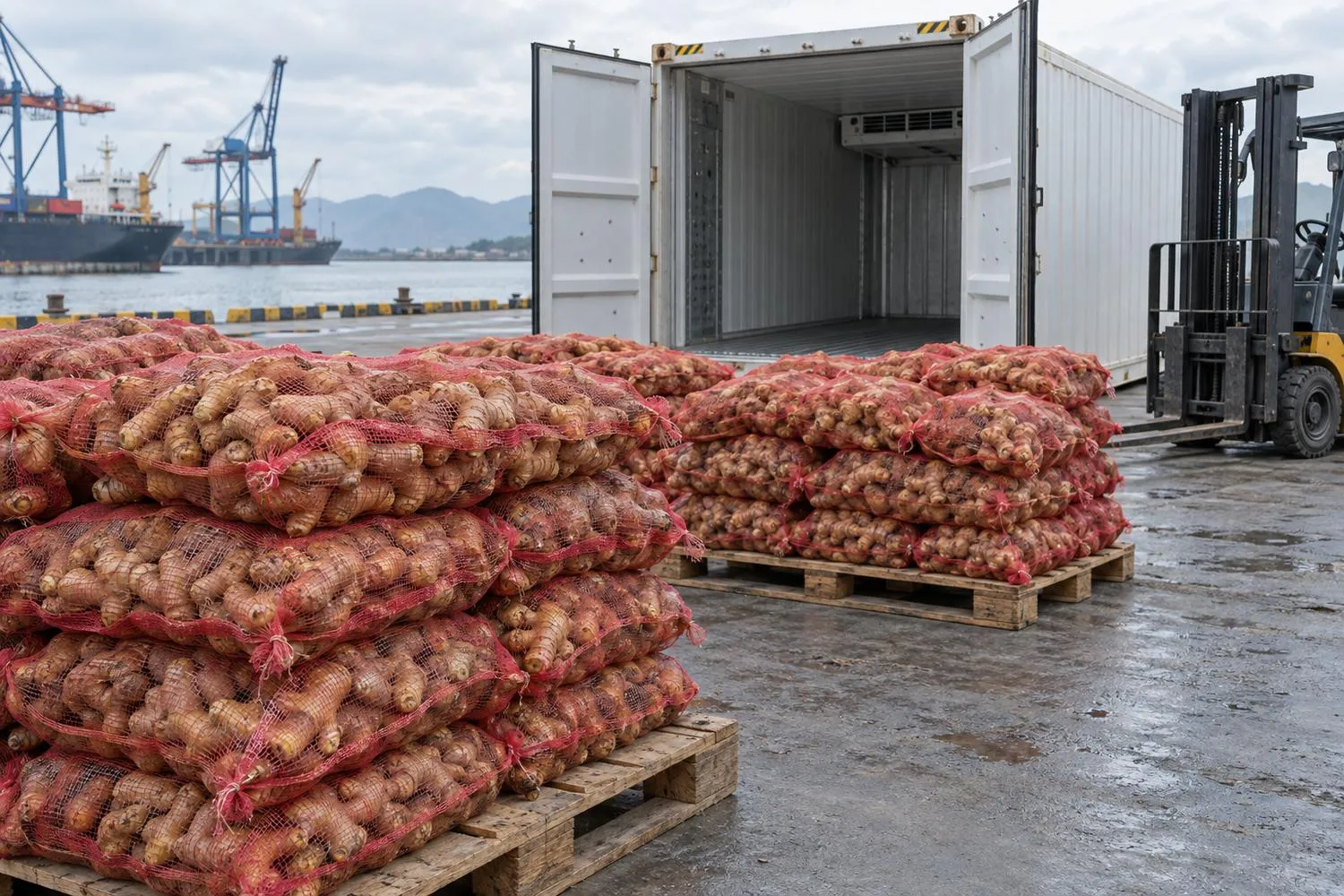 Red mesh sacks of fresh ginger stacked on wooden pallets in front of an open white refrigerated container at a port