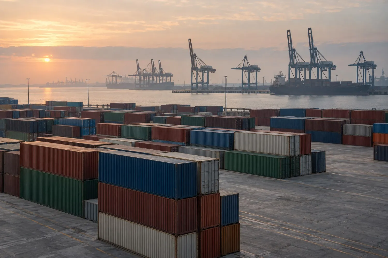 Rows of plain shipping containers stacked on a harbour quay with distant port cranes in morning light.