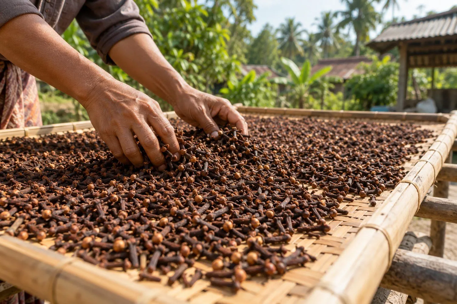 Cengkeh kering cokelat kemerahan dihamparkan tipis di atas anyaman bambu di halaman, dibolak-balik dengan tangan di bawah sinar matahari pagi