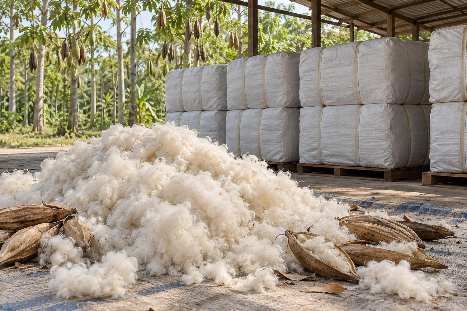 Loose white kapok fibre and split pods on a tarpaulin, with pressed kapok bales stacked on pallets under an open shed and kapok trees behind