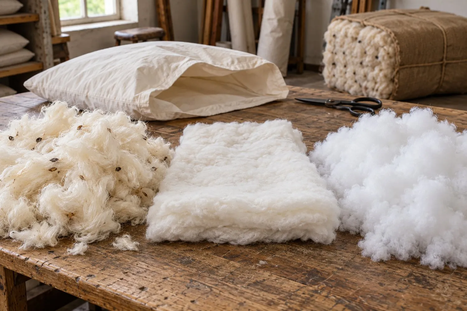 Three heaps of filling on a wooden workshop table: loose off-white kapok with a few dark seeds, a flat sheet of cotton batting and bright white polyester fibrefill, with an empty pillow casing and a hessian-wrapped kapok bale behind