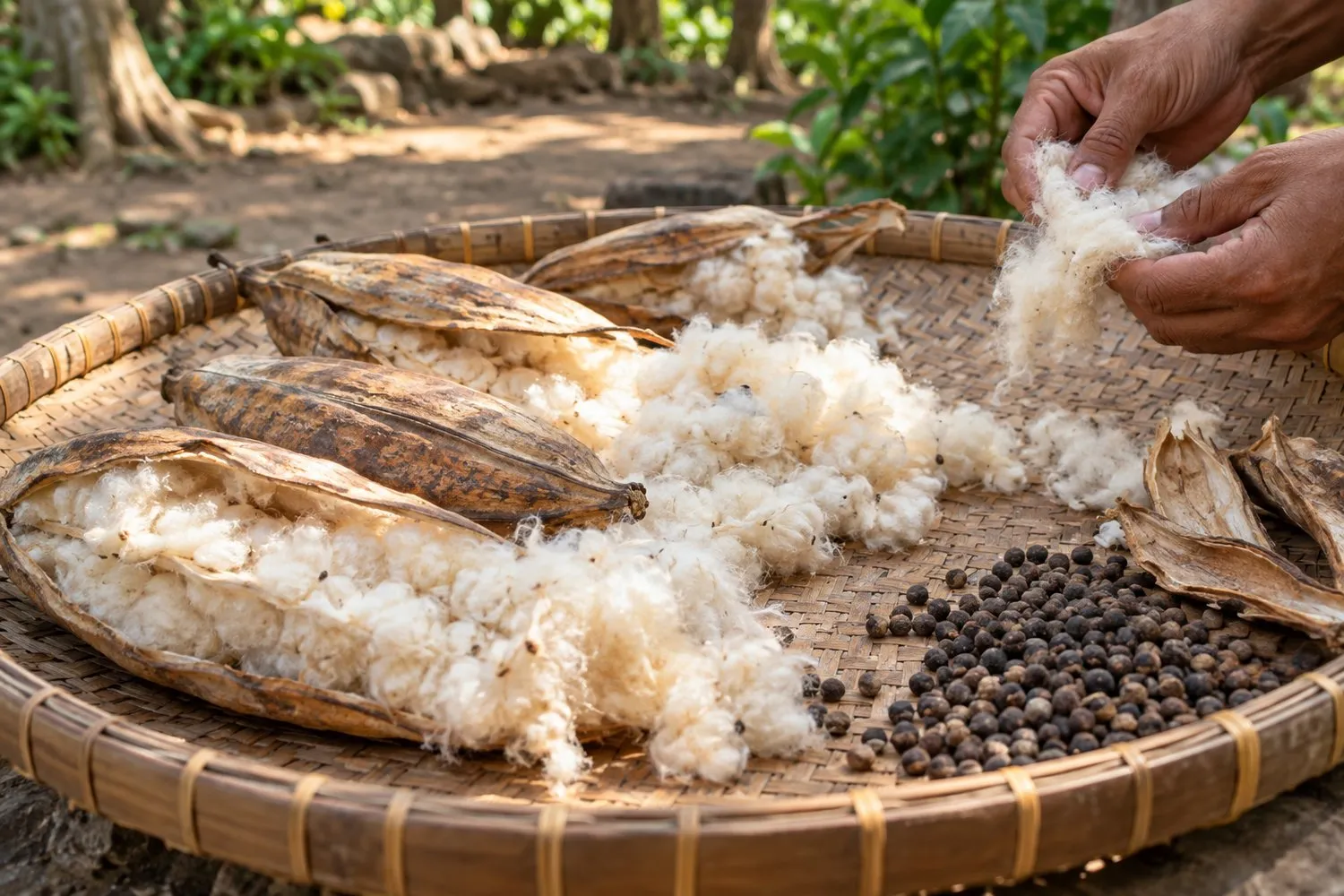Split, dried kapok pods on a woven bamboo tray in a village yard, with off-white kapok fibre spilling out and a small pile of dark seeds separated at the edge
