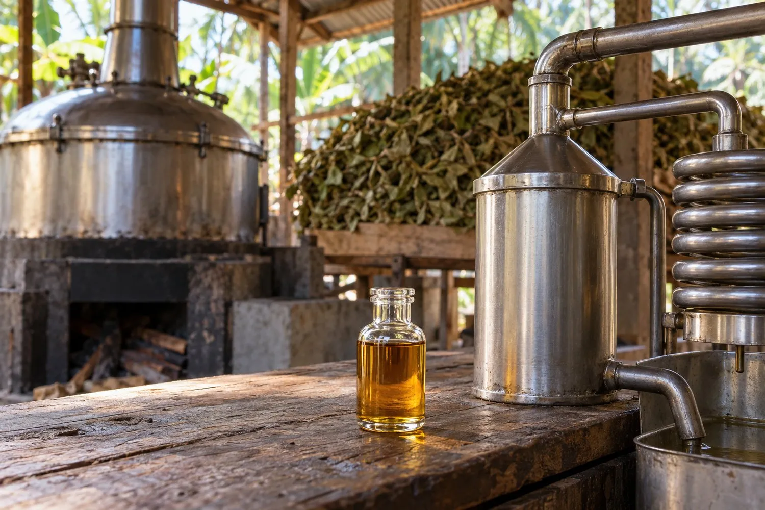 Botol kaca kecil berisi minyak nilam berwarna kuning keemasan di atas meja kayu, dengan ketel dan pipa penyulingan baja di latar belakang