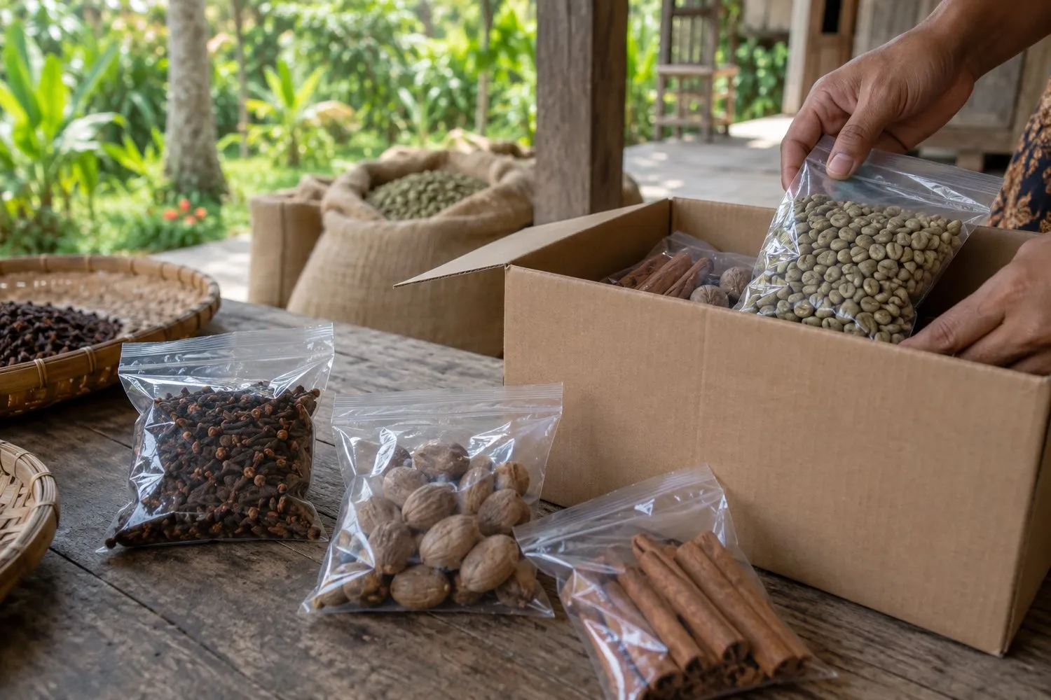 Kantong plastik bening berisi cengkeh, pala, kayu manis, dan biji kopi hijau sedang dimasukkan ke kardus cokelat polos di meja kayu teras rumah