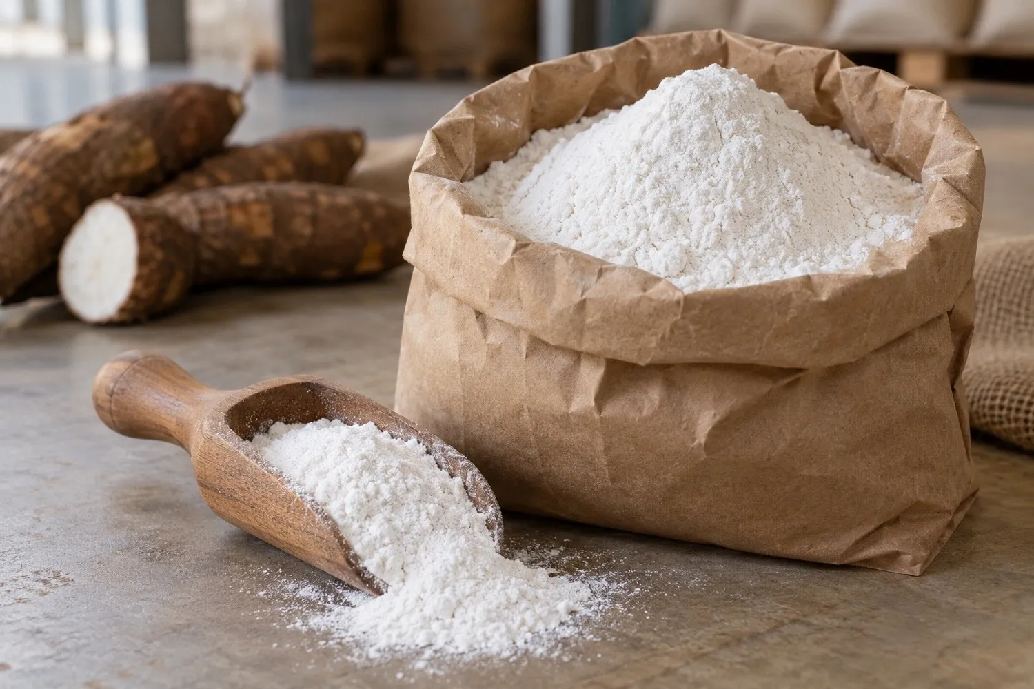Tepung tapioka putih dalam kantong kertas polos dengan sendok kayu dan singkong di latar belakang